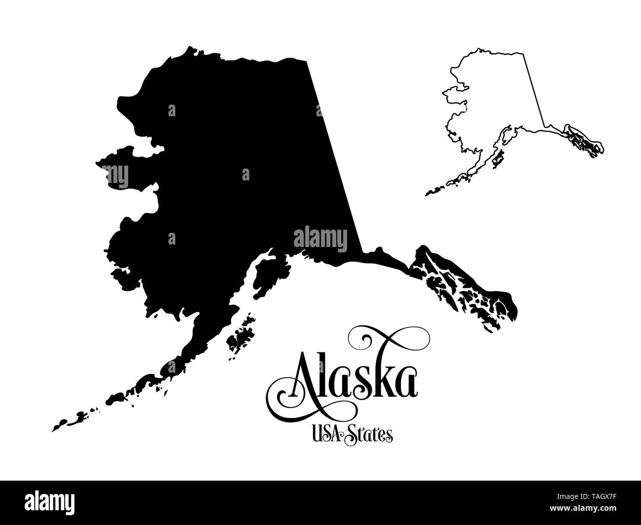 Carte des États-Unis d'Amérique (USA) État de l'Alaska - Illustration sur fond blanc. Banque D'Images