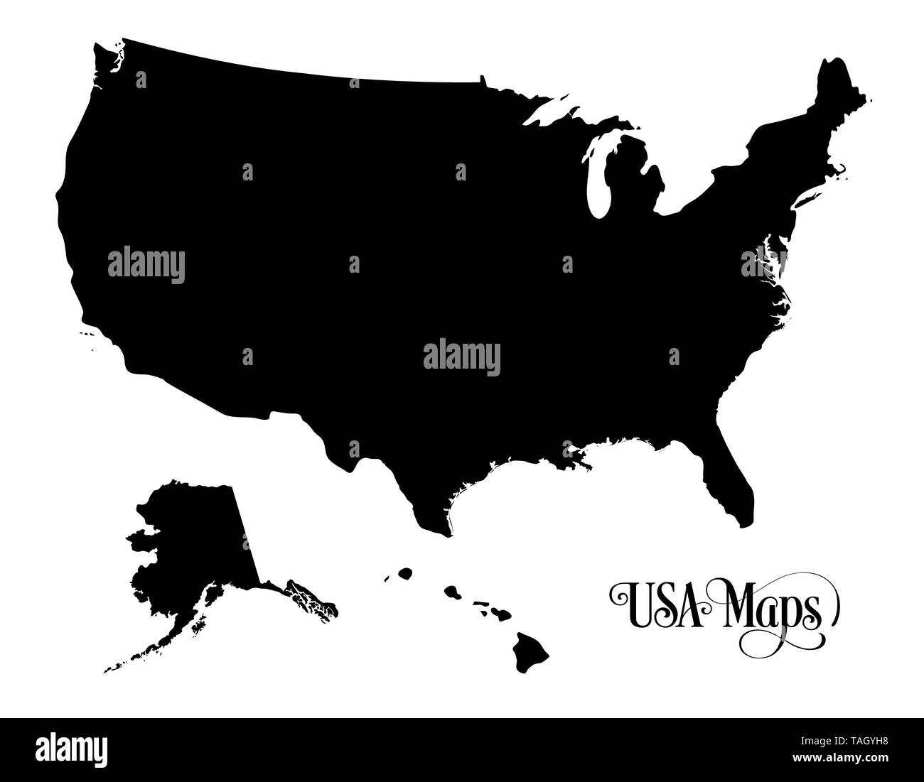 Carte des États-Unis d'Amérique (USA) Illustration Silhouette sur fond blanc. Banque D'Images