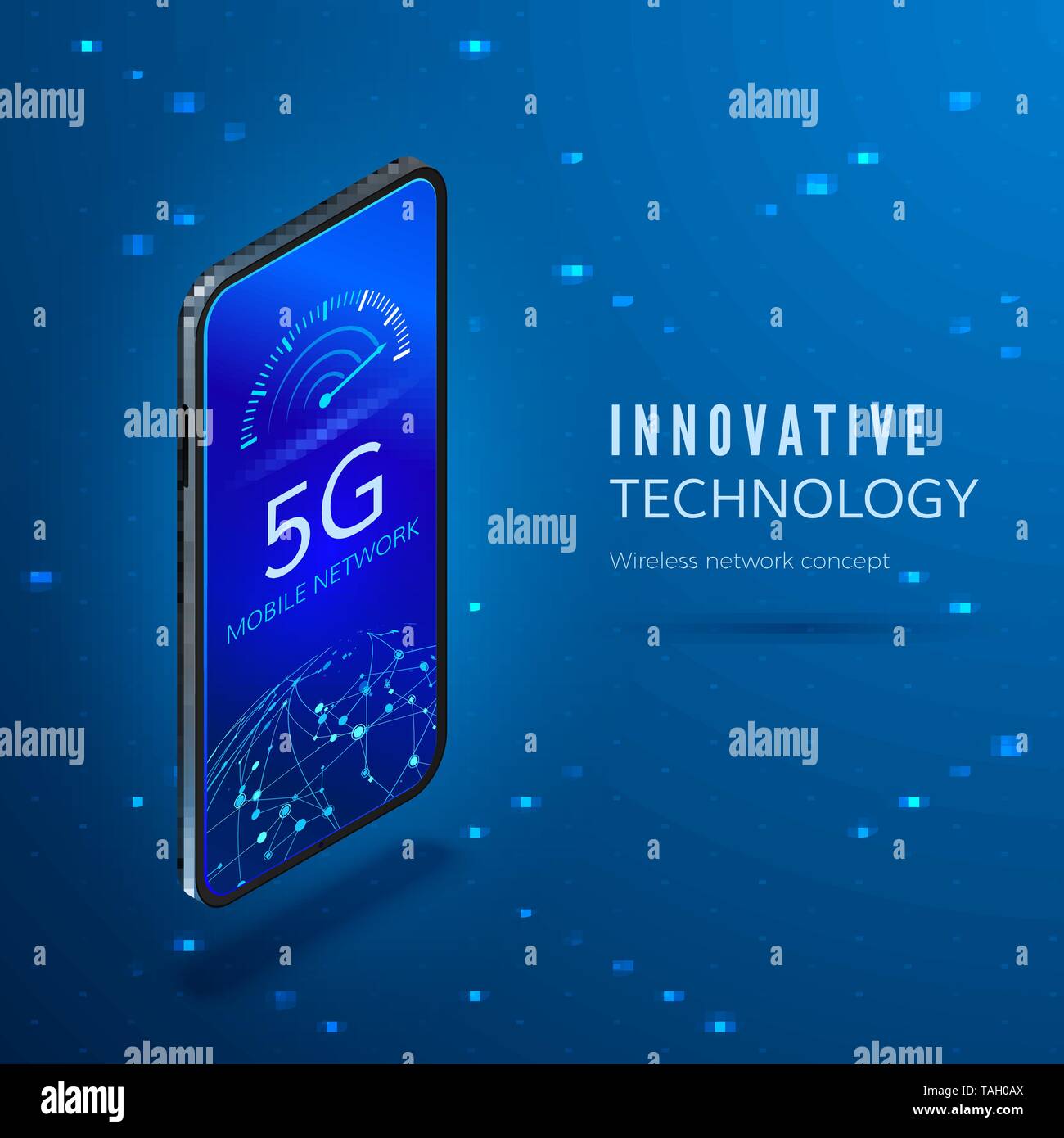 5G concept. Cinquième génération de réseau sans fil mobile bannière isométrique. Smartphone avec flèche déménagement au maximum sur l'échelle de taux de transfert de données. Mauvais vecteur Illustration de Vecteur