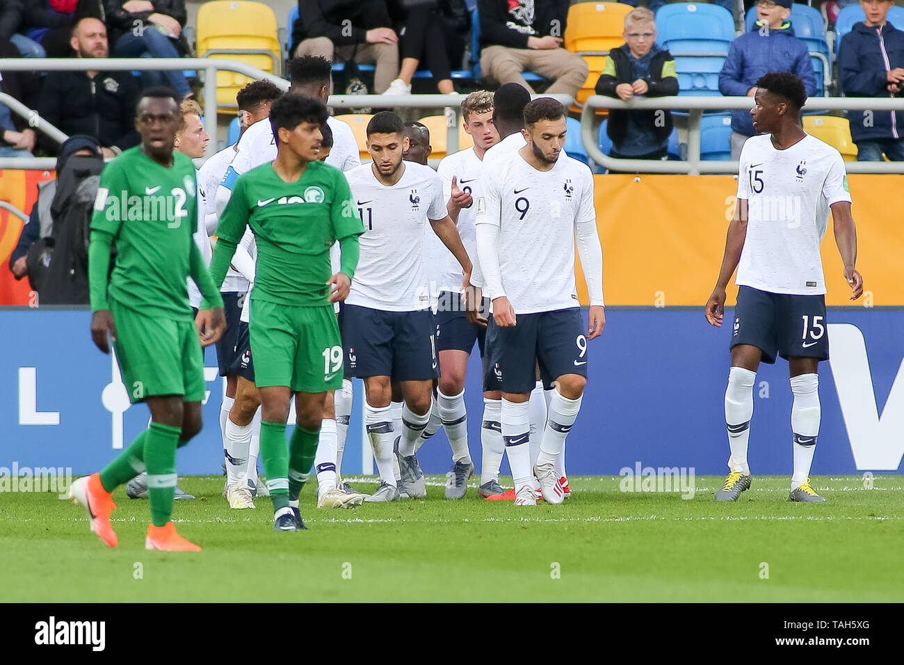 Gdynia, Pologne, 25 mai 2019 : Amine Gouiri, Thomas Basila équipes marquant son deuxième but de la partie au cours de la FIFA 2019 Coupe du Monde U-20 groupe e match entre la France et l'Arabie saoudite au stade de Gdynia à Gdynia. Credit : Tomasz Zasinski / Alamy Live News Banque D'Images