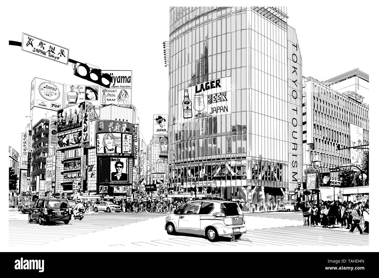 Carrefour Shibuya Tokyo, célèbre - Vector illustration (toutes les annonces sont faux, tous les personnages sont fictifs) Illustration de Vecteur