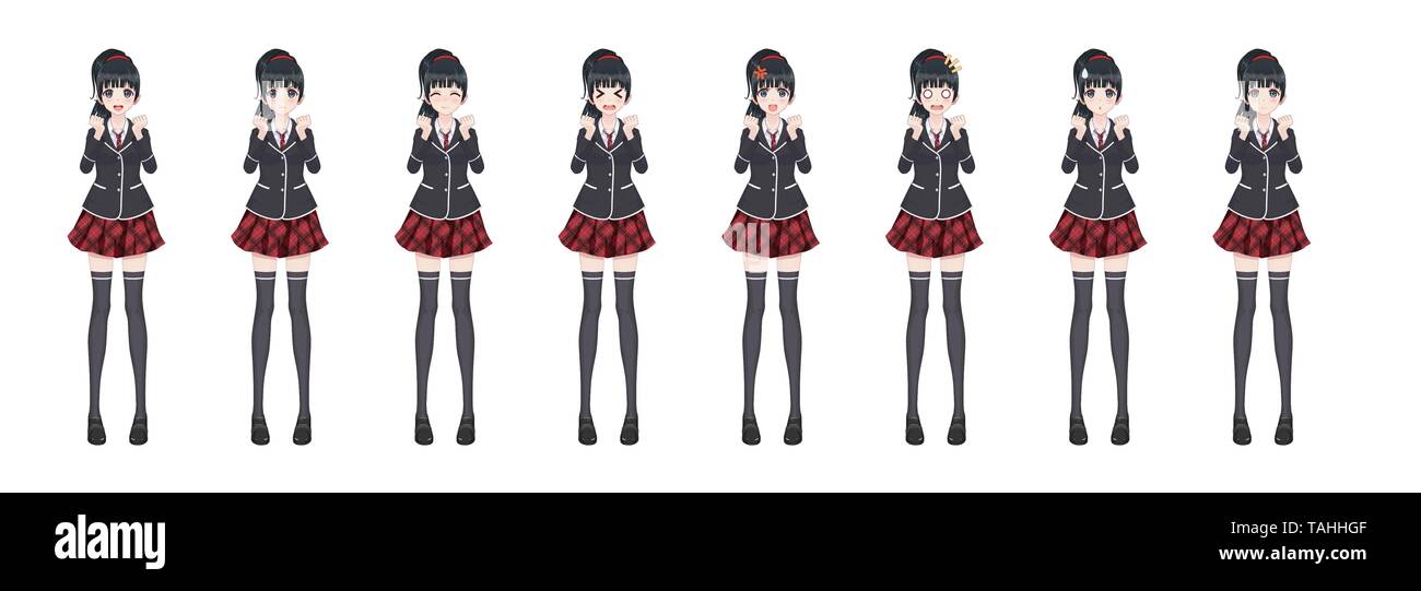 Anime manga girl, personnage dans le style japonais. Fille étudiant dans un  blazer noir, une jupe rouge dans une cage. Ensemble d'émotions. Toute la  longueur de l'image-objet char Image Vectorielle Stock -