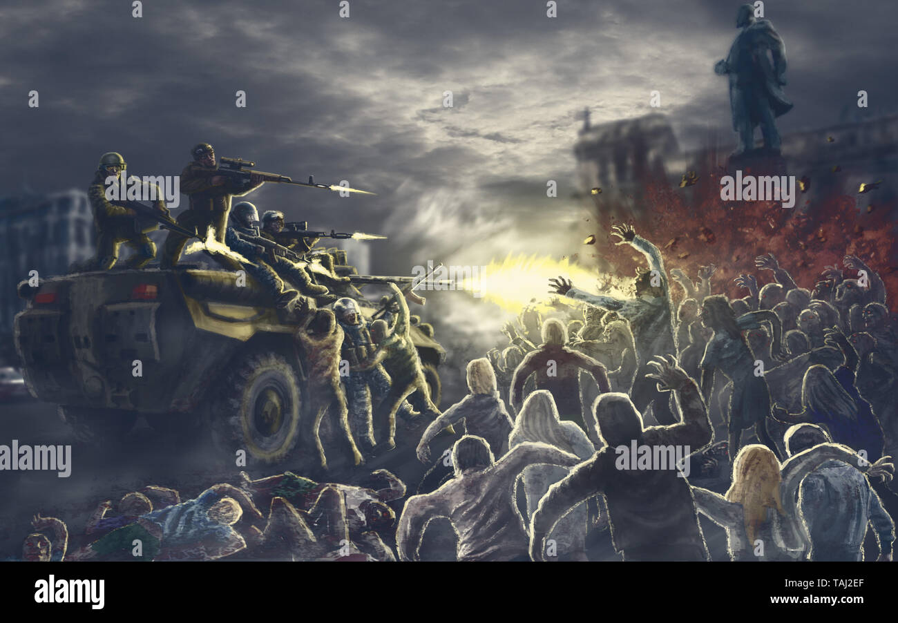Début de l'armée des ténèbres dans le carré de la ville infectée. Apocalypse Zombie illustration dans genre d'horreur. Banque D'Images