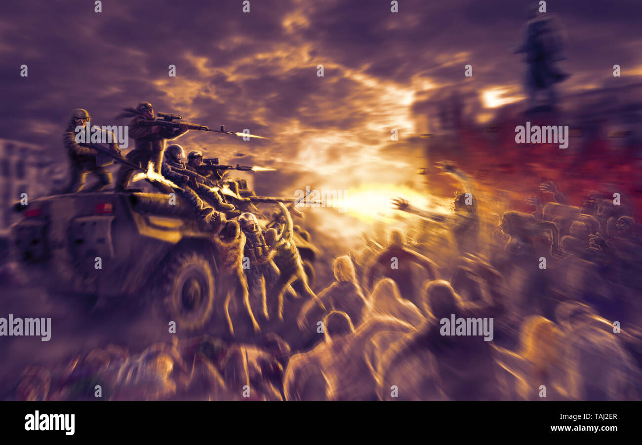 Attaque de la horde de monstres effrayants sur l'équipement militaire avec des soldats. Apocalypse Zombie illustration dans genre d'horreur. Banque D'Images