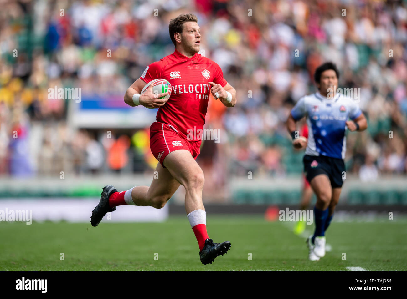 Londres, Royaume-Uni. 25, mai 2019. Adam Zaruba du Canada 7S en action au cours de la HSBC World Rugby à 7 match de la série Londres entre Équipe Canada 7S et 7S au Japon l'équipe du Stade de Twickenham le samedi 25 mai 2019. Londres Angleterre . (Usage éditorial uniquement, licence requise pour un usage commercial. Aucune utilisation de pari, de jeux ou d'un seul club/ligue/dvd publications.) Crédit : Taka G Wu/Alamy Live News Banque D'Images