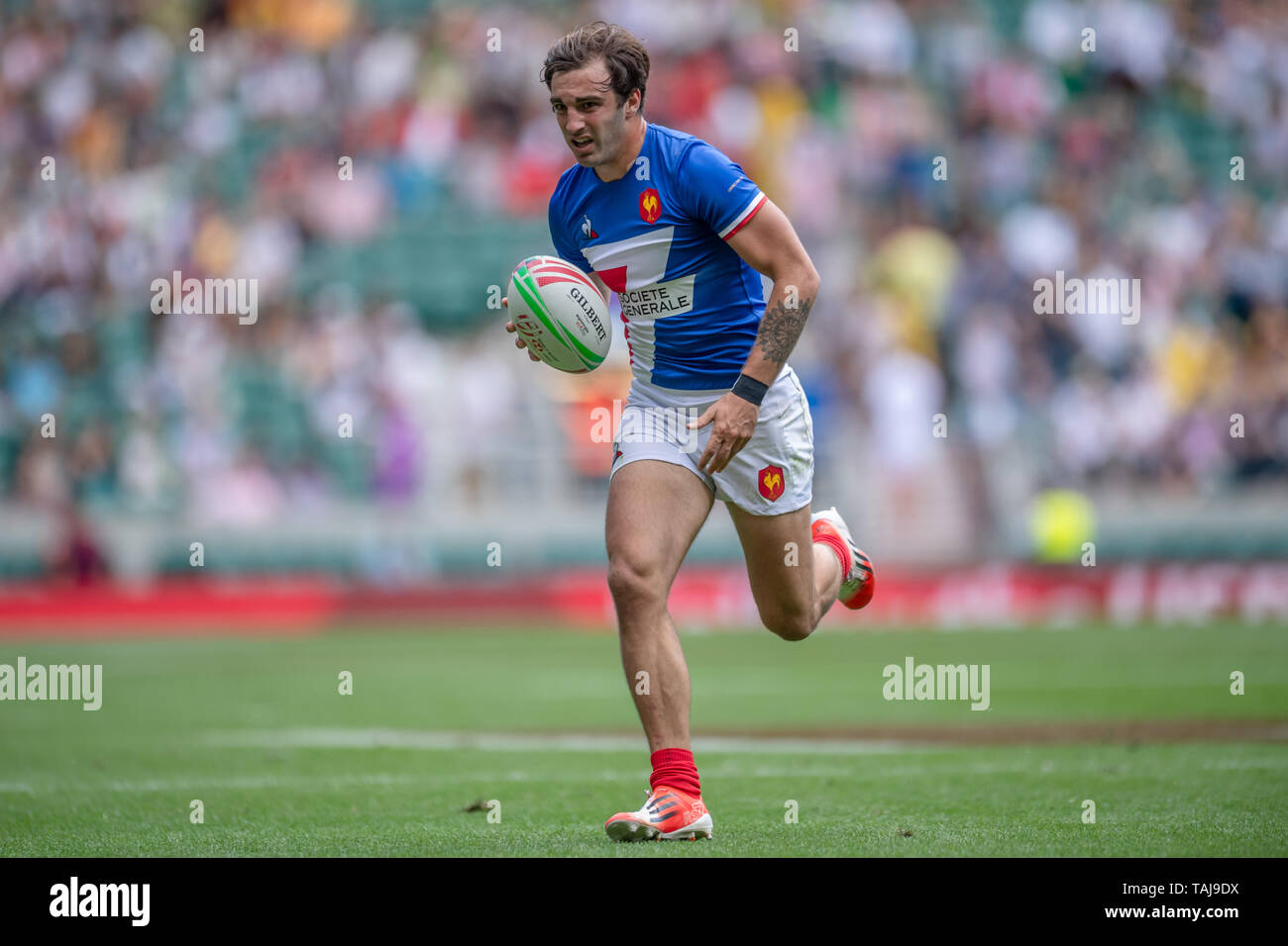 Londres, Royaume-Uni. 25, mai 2019. Jean Pascal Barraque (c) de France 7S en action pendant la série mondiale de HSBC Rugby à 7 match de l'équipe de Londres entre les Fidji La France l'équipe de 7S 7S au stade de Twickenham le samedi 25 mai 2019. Londres Angleterre . (Usage éditorial uniquement, licence requise pour un usage commercial. Aucune utilisation de pari, de jeux ou d'un seul club/ligue/dvd publications.) Crédit : Taka G Wu/Alamy Live News Banque D'Images