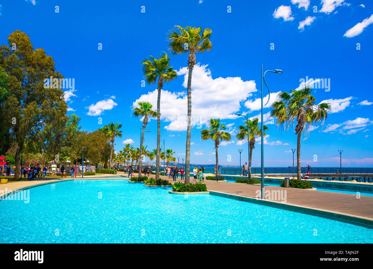 Belle promenade de palmiers, des sculptures et des piscines à Limassol, Chypre Banque D'Images