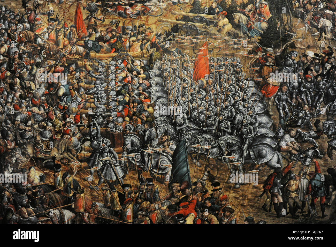 Muscovite-Lithuanian les guerres. Quatrième Guerre mondiale. Bataille d'Orcha (8 septembre 1514). L'affrontement entre le Grand-duché de Lituanie et le Royaume de Pologne contre le Grand-duché de Moscou. Tableau représentant une scène de bataille, ca.1530. Attribué au cercle de Lucas Cranach le Vieux (1472-1553), probablement par Hans Krell (ca.1490-1565). Détail. Musée national. Varsovie. La Pologne. Banque D'Images