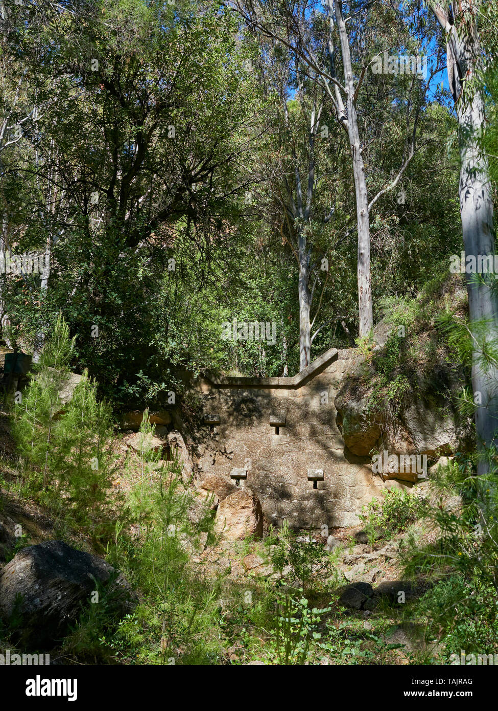 L'un des nombreux ponceaux construits en pierre le long du sentier Sentier el Santo qui aide à contrôler les crues éclair dans les périodes de fortes précipitations. Andalousie, espagne. Banque D'Images