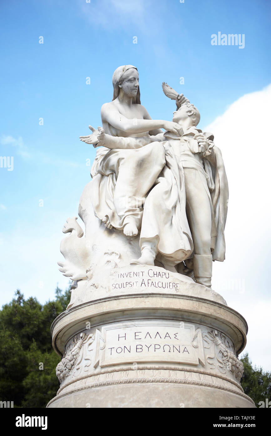 Lord Byron, statue au jardin national d'Athènes Banque D'Images