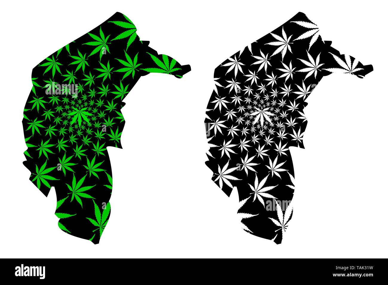 Territoire de la capitale australienne (états et territoires australiens, LOI, Territoire de la capitale fédérale) la carte est conçue de feuilles de cannabis vert et noir, Austra Illustration de Vecteur