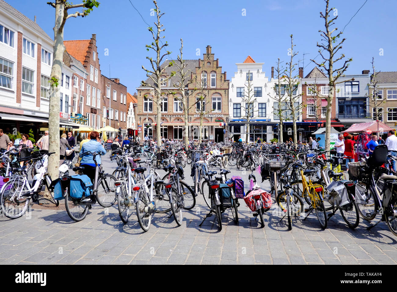 Street view en néerlandais typique va, une place du marché avec beaucoup de vélos en stationnement et caractéristique des bâtiments du 17ème siècle Banque D'Images