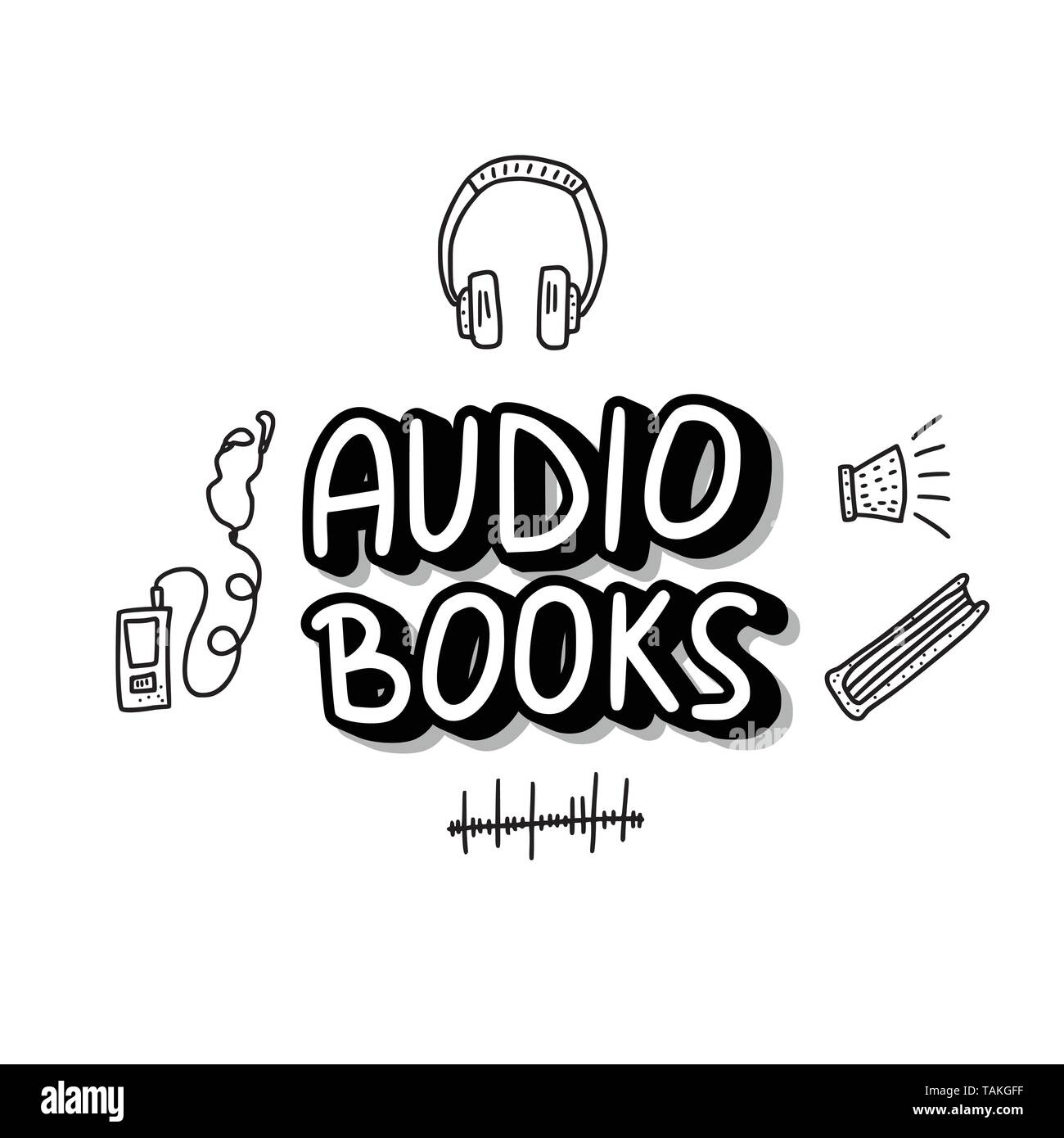 Livres audio concept. Ensemble de symboles livre audio avec lettrage. Vector illustration. Illustration de Vecteur