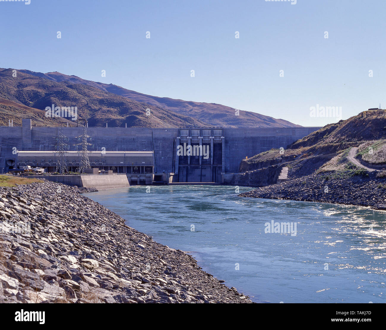Le barrage de Clyde sur le lac Dunstan, Central Otago District, Région de l'Otago, île du Sud, Nouvelle-Zélande Banque D'Images