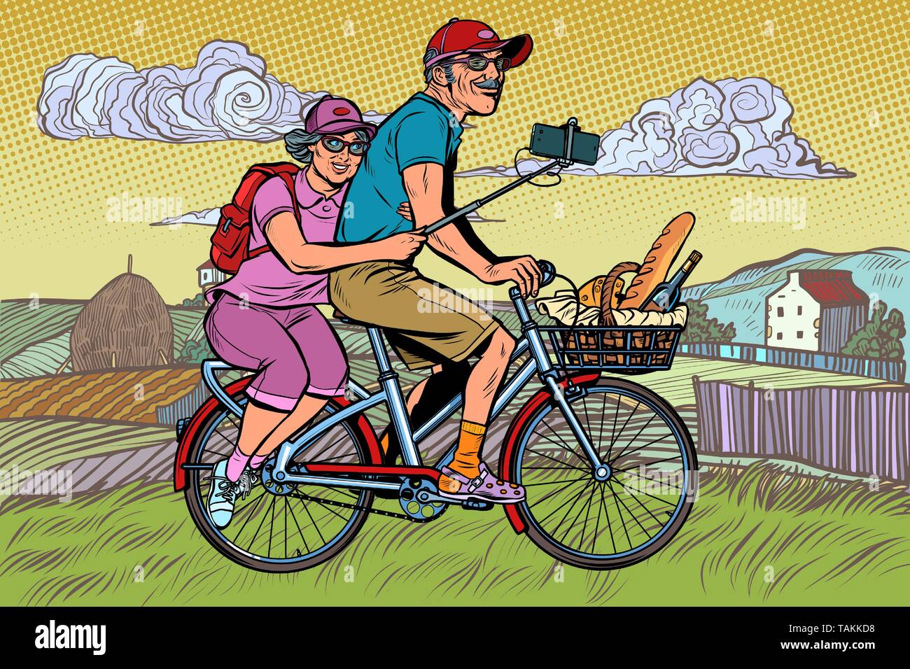 Vieil homme et vieille femme voyageurs à vélo, sur selfies smartphone. Pop art retro kitsch vintage illustration vectorielle Illustration de Vecteur
