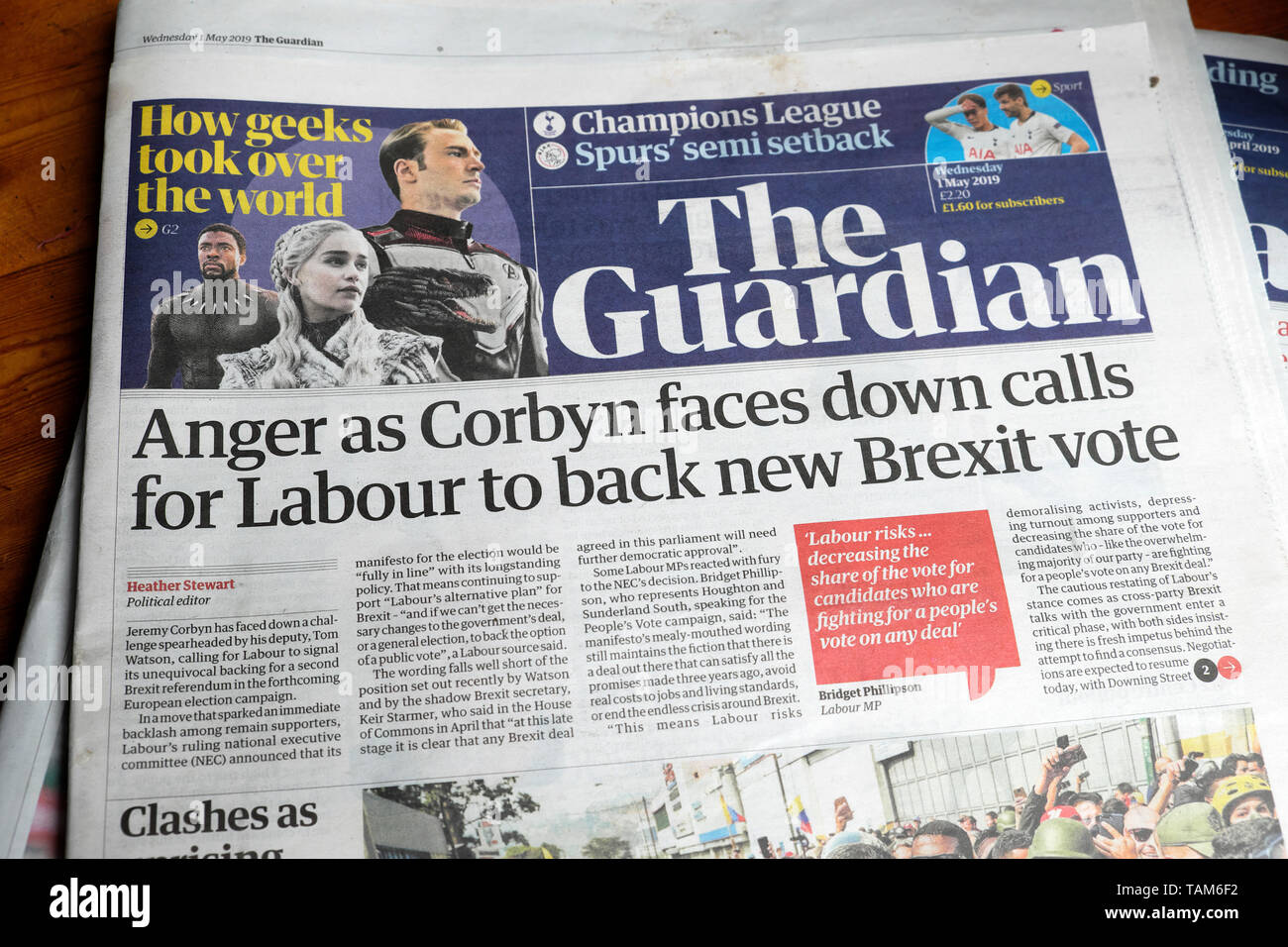 'Colère comme Corbyn est orientée vers le bas pour les appels à la main-d'œuvre retour nouveau Brexit vote" Guardian titre sur 1 Mai 2019 Londres Angleterre Royaume-uni Grande-Bretagne Banque D'Images