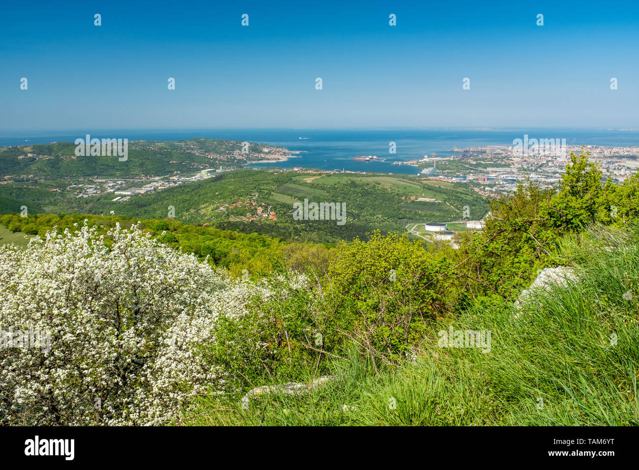 Vue panoramique du château de Socerb dans la Slovénie à la mer Adriatique avec baie de Nice ville et Trieste en Italie, Europe Banque D'Images