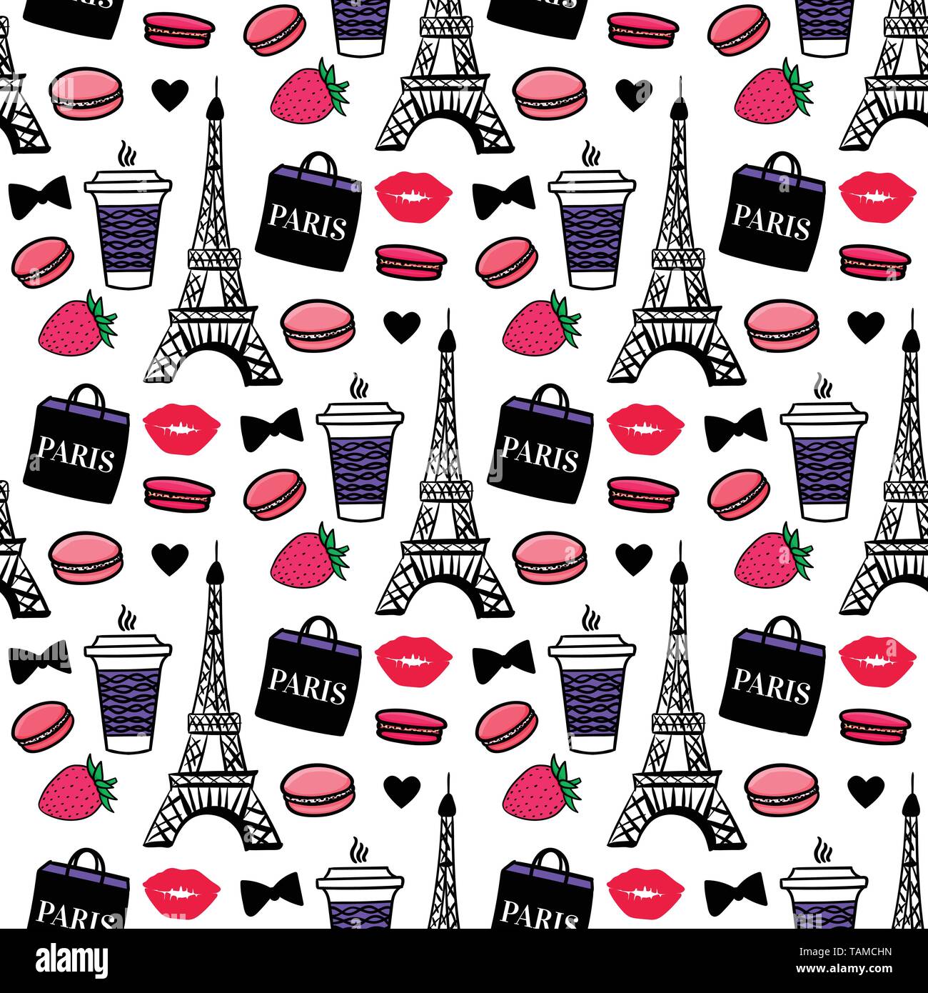 Style parisien. Tour Eiffel avec café et macarons. Surface design. Croquis vecteur arrière-plan. Illustration de Vecteur