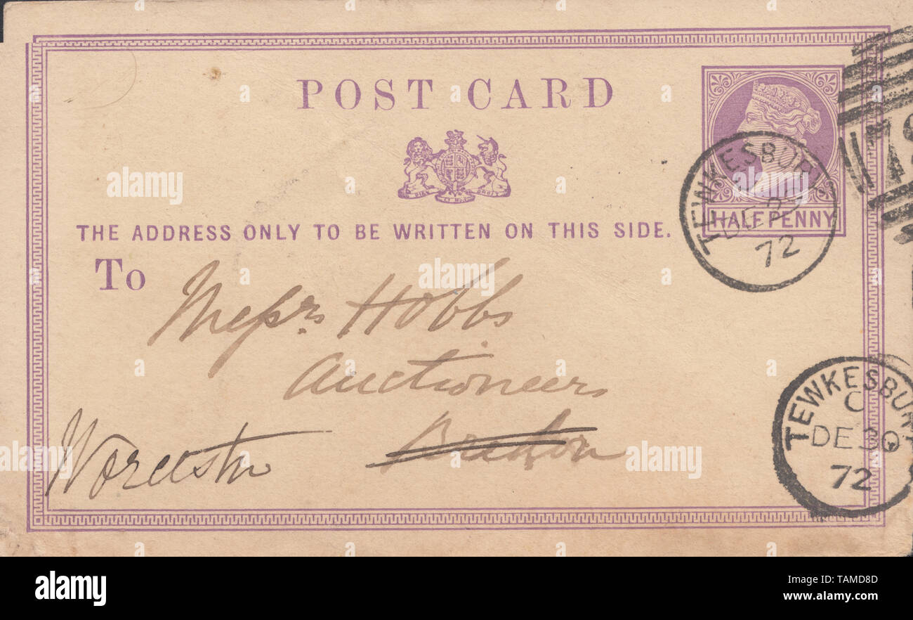 Anglais Vintage Victorian Carte Postale. Posté avec demi-penny Stamp pour de Tewkesbury à Worcester en 1872 Banque D'Images