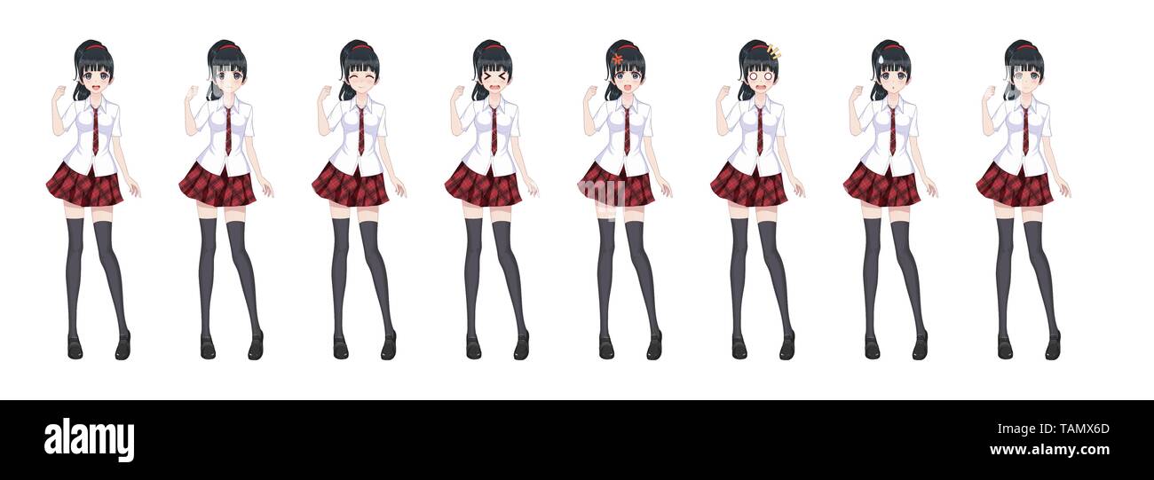 Anime manga girl, personnage dans le style japonais. Dans une chemise  blanche, une jupe rouge dans une cage, une cravate et bas noirs-collants.  Ensemble d'émotions. Spr Image Vectorielle Stock - Alamy