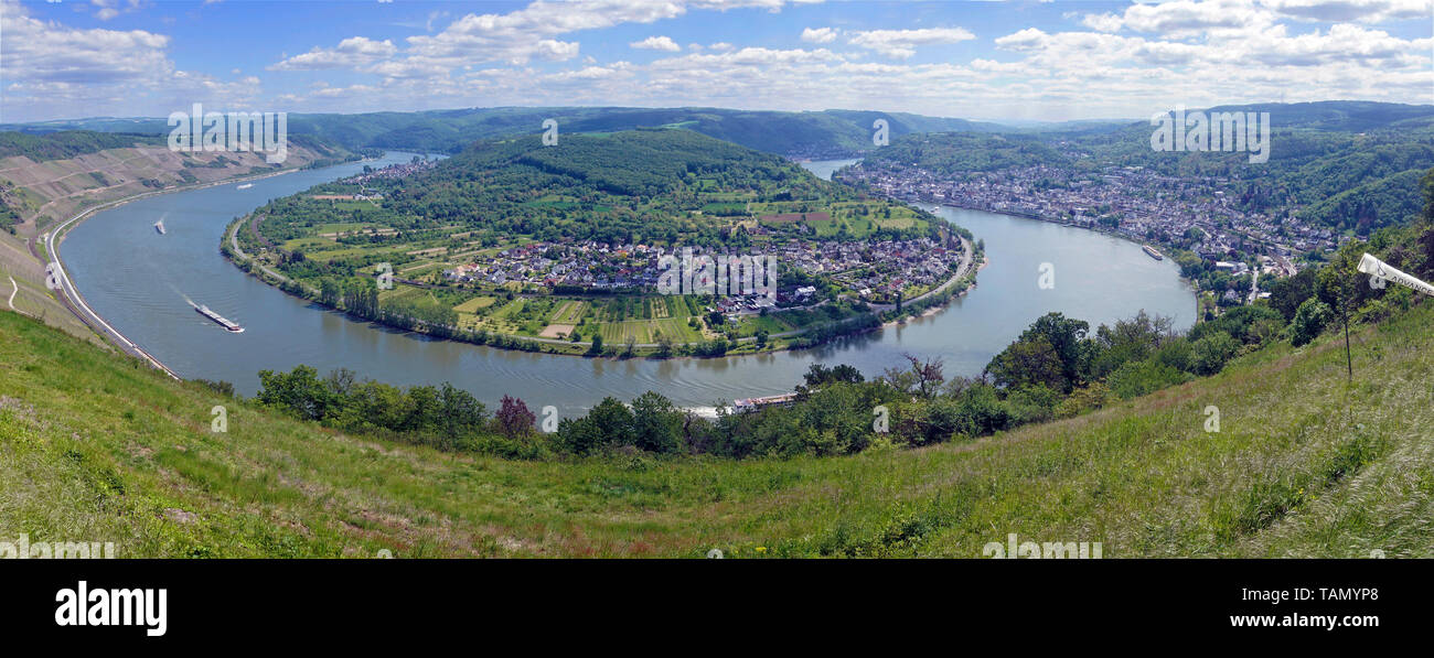 La grande boucle (Rheinschleife Bopparder Hamm) du Rhin à la ville Boppard, site du patrimoine mondial de l'UNESCO, Vallée du Haut-Rhin moyen, Allemagne Banque D'Images
