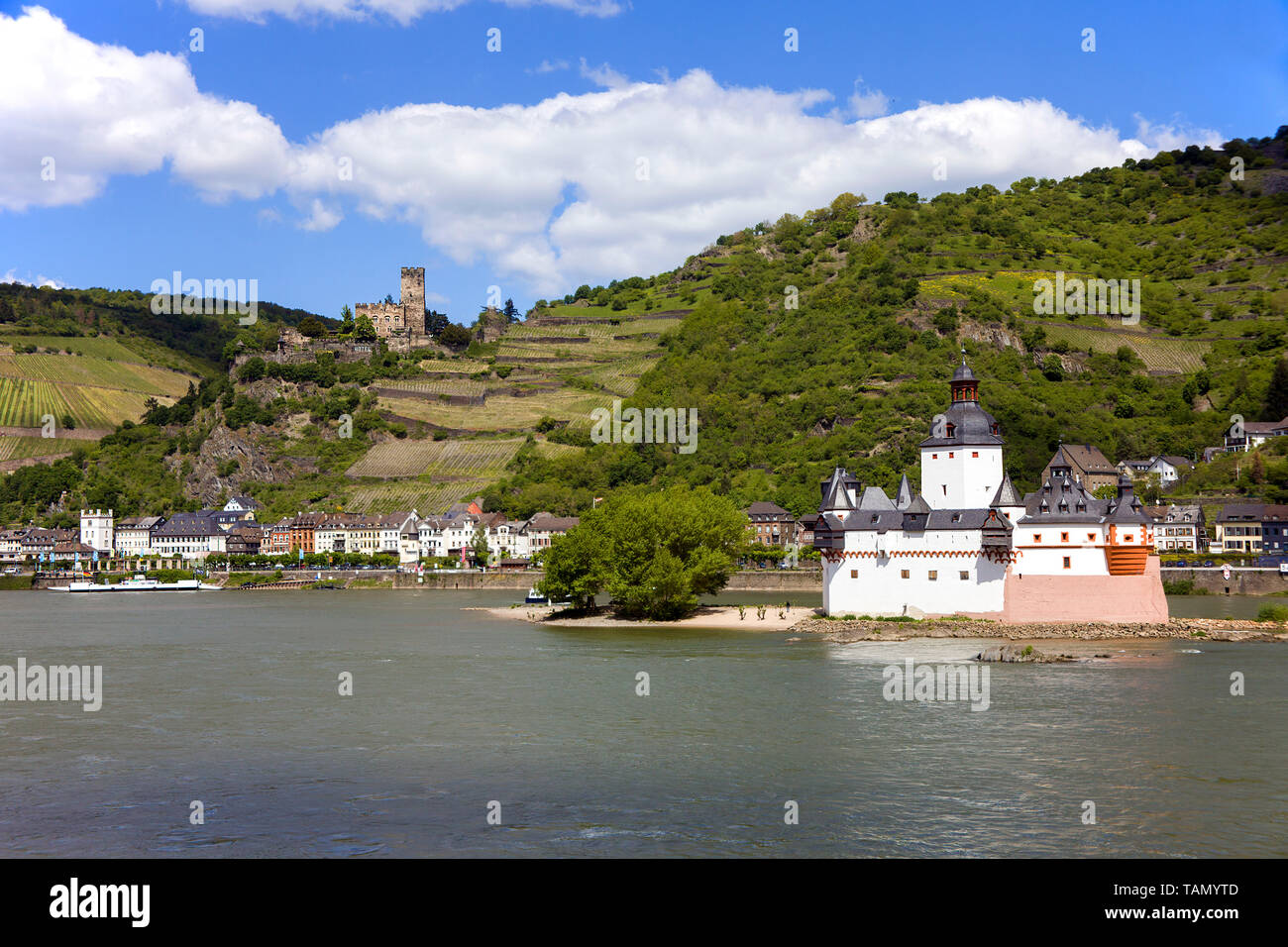 Château Pfalzgrafenstein sur l'île du rhin Falkenau, au-dessus du château Gutenfels, Kaub, Vallée du Haut-Rhin moyen, Rhénanie-Palatinat, Allemagne Banque D'Images