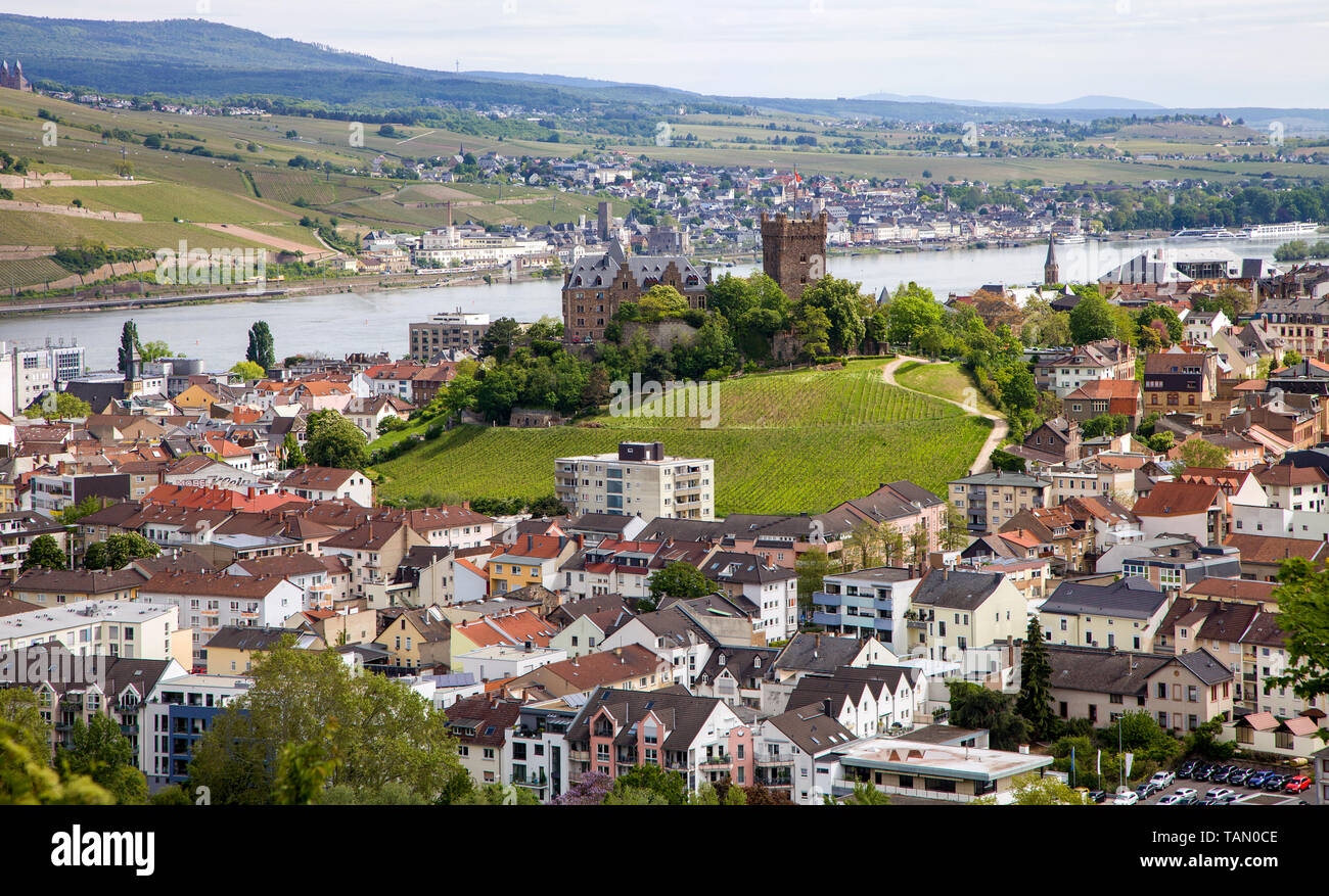 Klopp château à Bingen, vue sur Ruedesheim de l'autre côté du Rhin, la Vallée du Haut-Rhin moyen, Rhénanie-Palatinat, Allemagne Banque D'Images