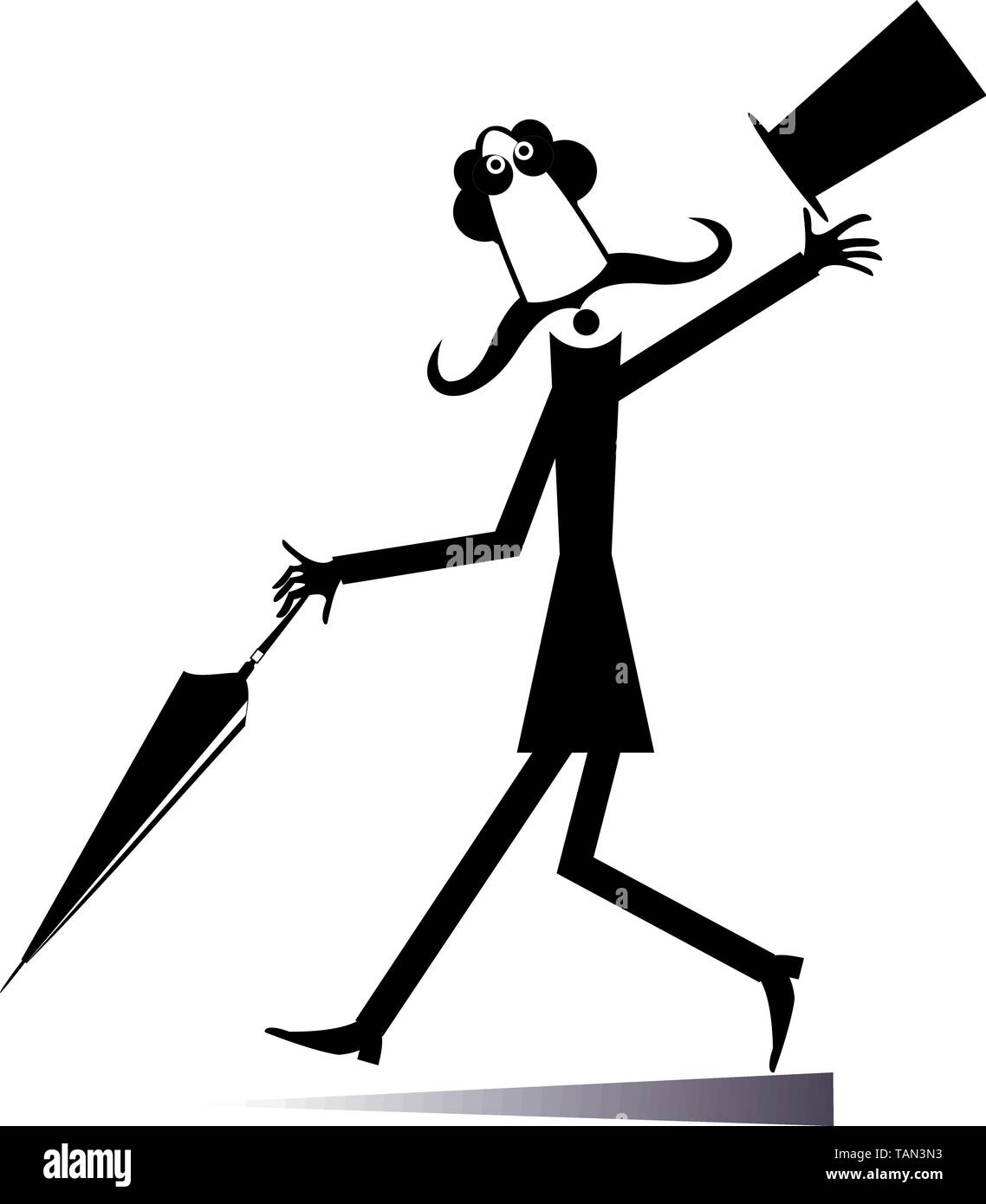 Longues moustaches homme dans le top hat walking avec parapluie noir sur blanc illustration Illustration de Vecteur