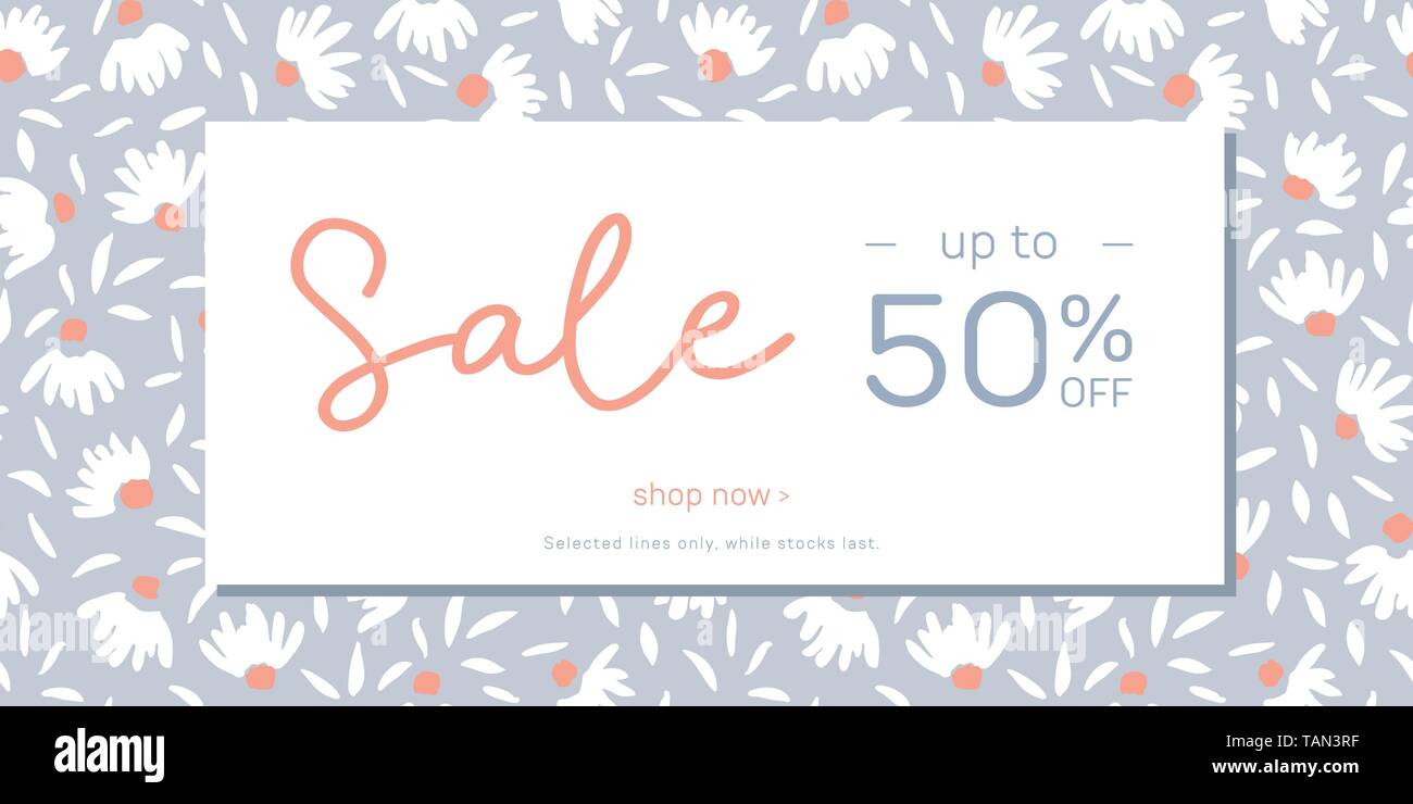 Dessiné à la main de couleur pastel floral féminin Rectangulaire horizontale Vente Bannière. Annonces Médias sociaux promotion printemps-été. Conception Feiminine lunatique P Illustration de Vecteur