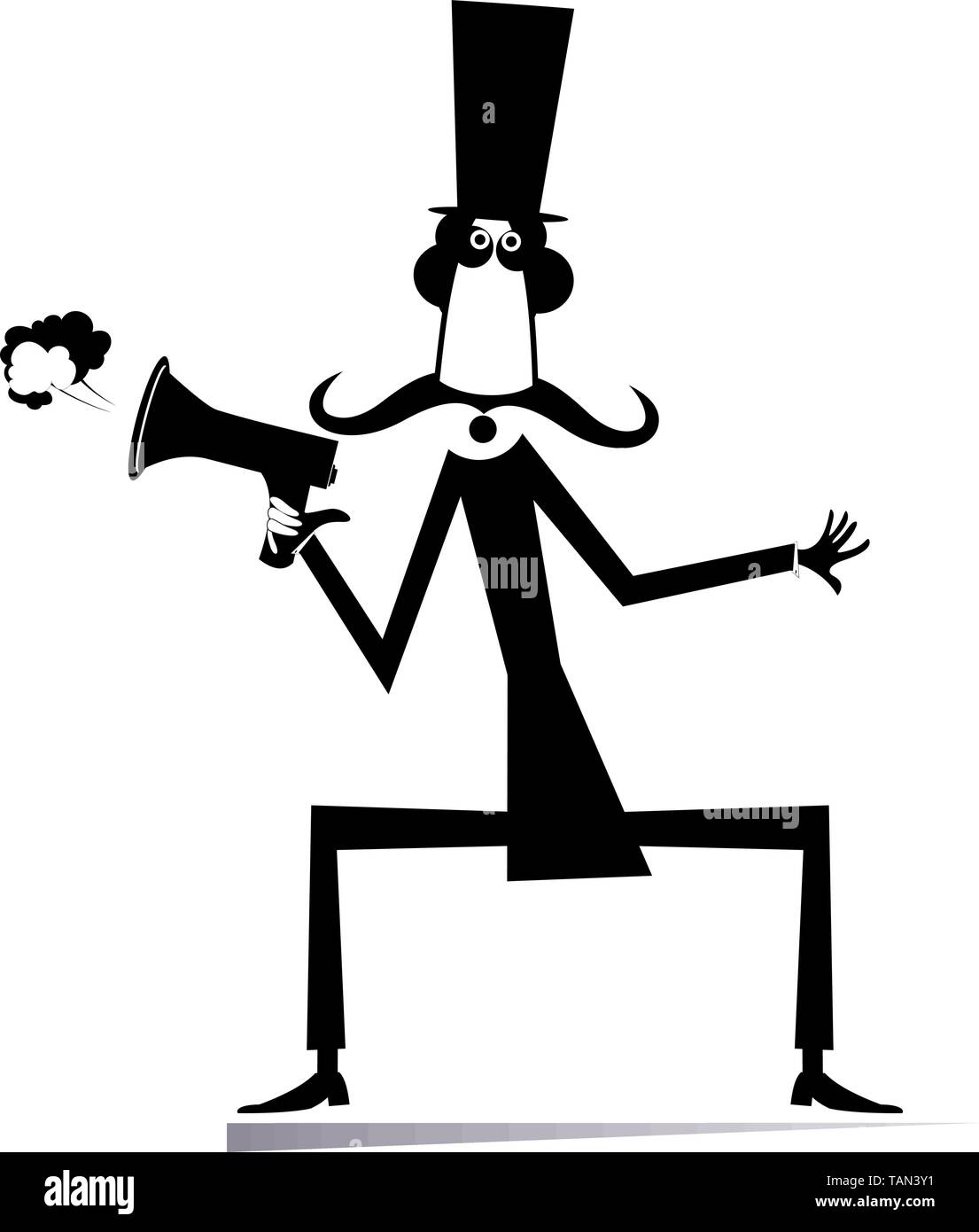 L'homme, mégaphone et news illustration isolé. Dans la moustache de dessin animé top hat man with megaphone rend annonce noir sur blanc Illustration de Vecteur