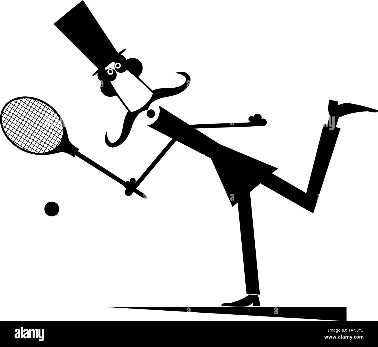 Monsieur joue au tennis illustration isolé. Dans l'homme moustache top hat joue au tennis noir sur blanc Illustration de Vecteur