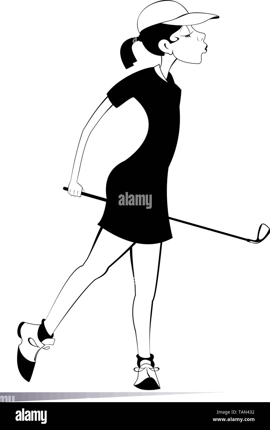 Jeune femme golfeur sur le parcours de golf noir sur blanc illustration Illustration de Vecteur