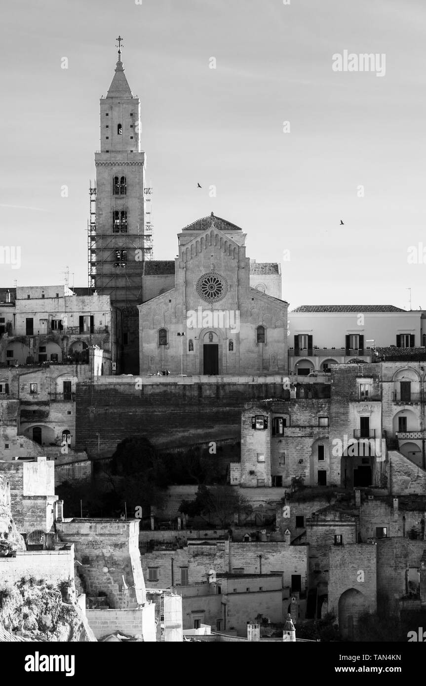 Matera, Capitale européenne de la Culture 2019. La Basilicate, Italie, détail de la cathédrale construite sur des pierres. Banque D'Images