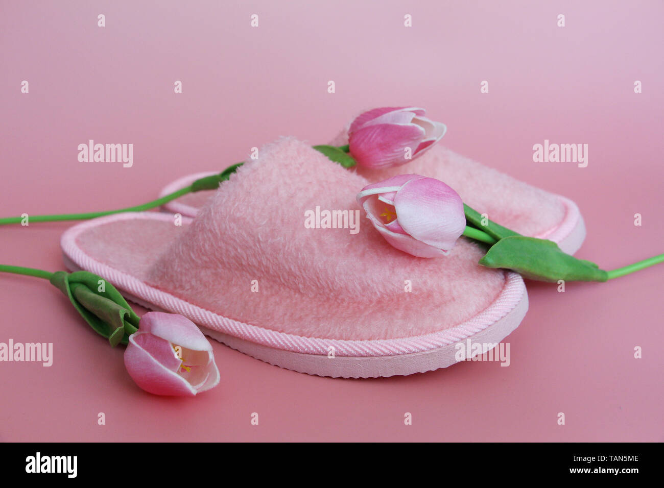 Chaussons rose sur un fond rose. A proximité, fleurs roses. Accueil terry chaussons et des tulipes sur fond rose. Banque D'Images