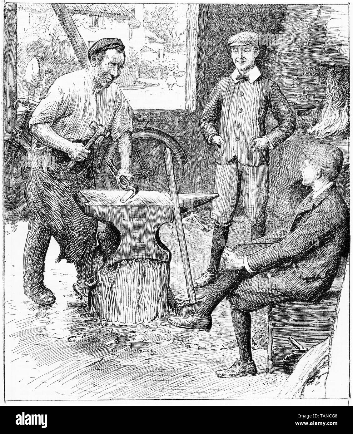 Gravure de deux collégiens en conversation avec un forgeron travailler à son enclume. À partir de 1905, magazine de Chatterbox Banque D'Images