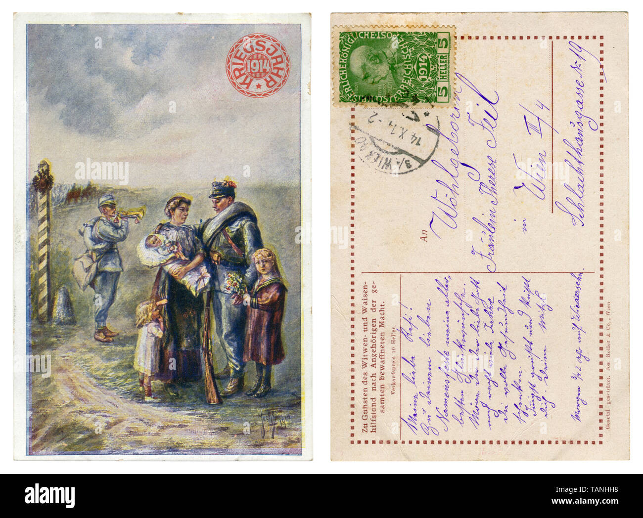 Carte postale historique autrichien : l'adieu d'un soldat avec sa famille, le début de la première guerre mondiale 1914-1918, dos de carte postale, Autriche Banque D'Images