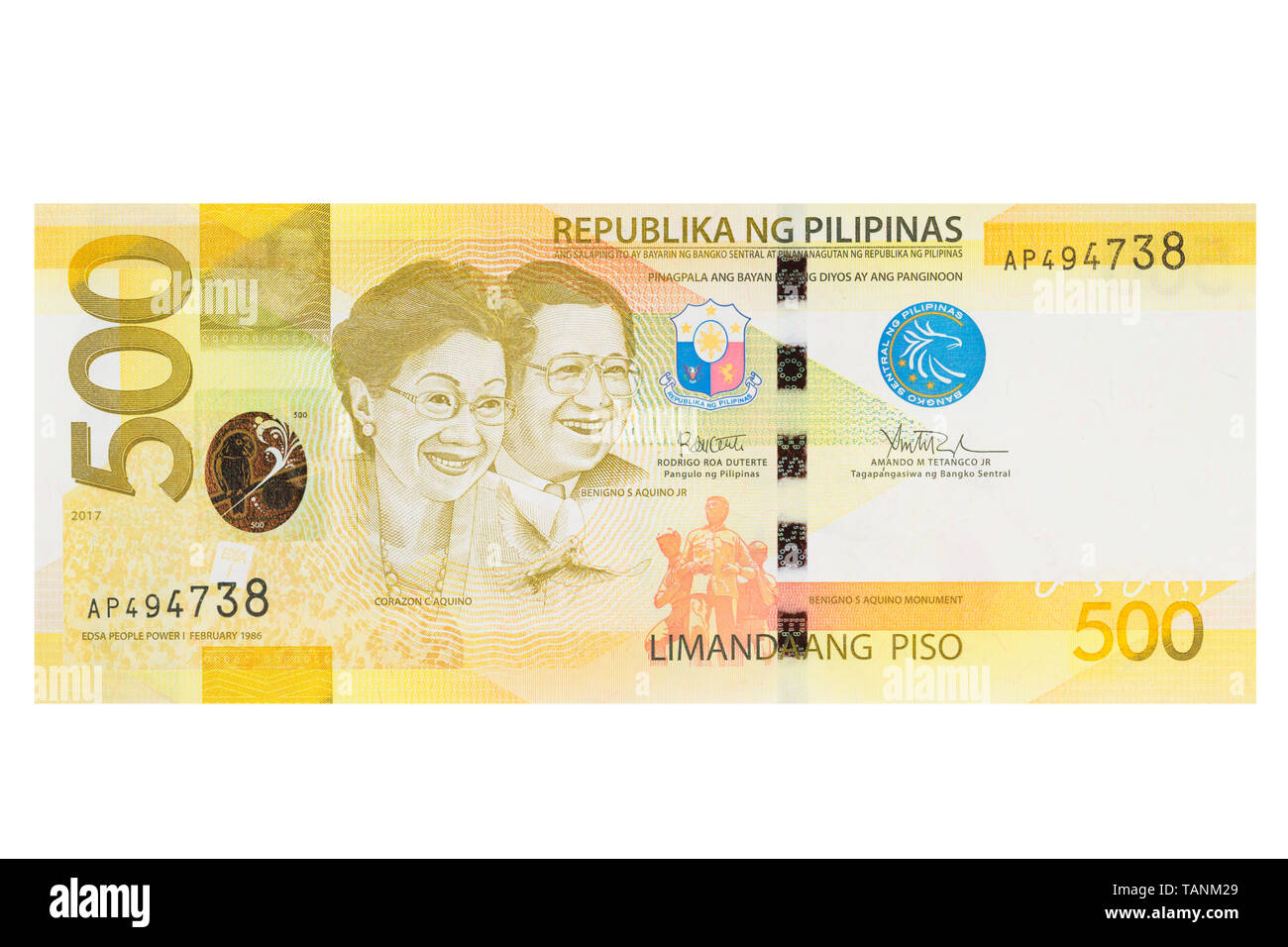 Cinq cents billets peso philippin sur fond blanc Banque D'Images