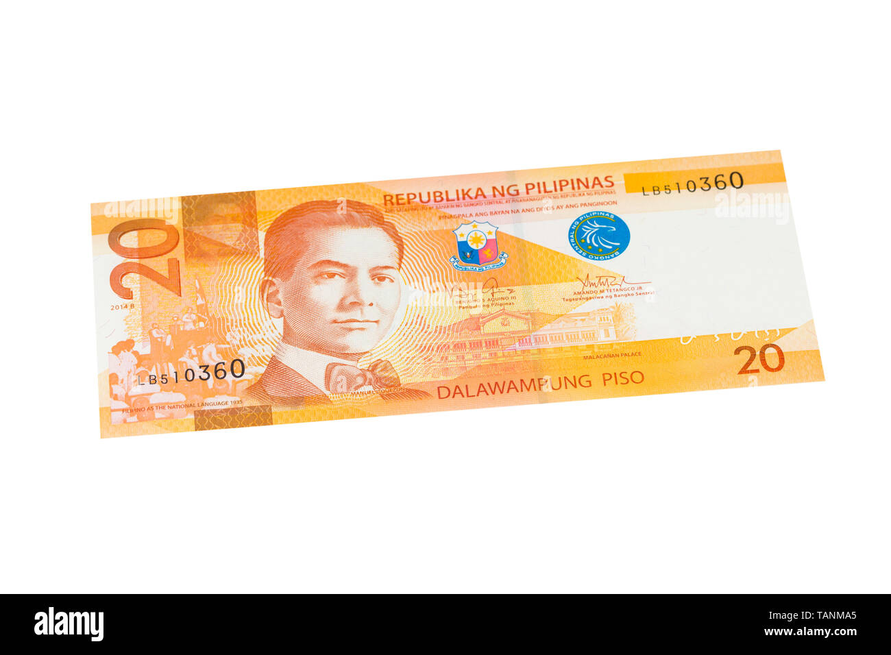 Vingt billets peso philippin sur fond blanc Banque D'Images