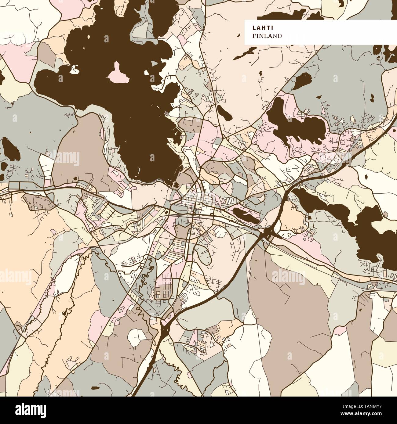 Carte de Lahti en Finlande, de l'art site imprimer modèle. brown version colorée pour les apps, Imprimer ou web différents. Illustration de Vecteur