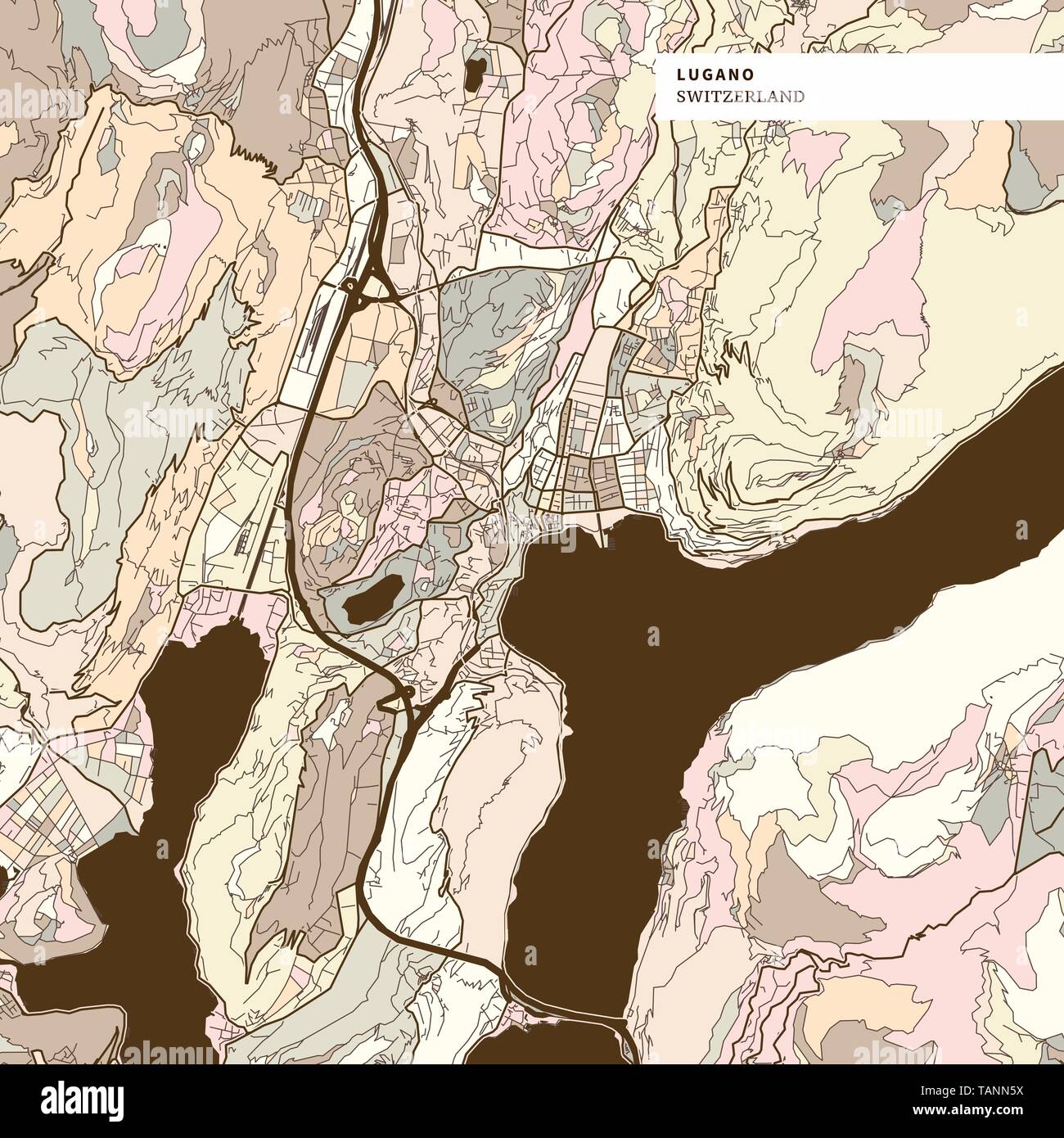 La carte de Lugano, brown version colorée pour les applications web, d'impression ou d'artifices Illustration de Vecteur