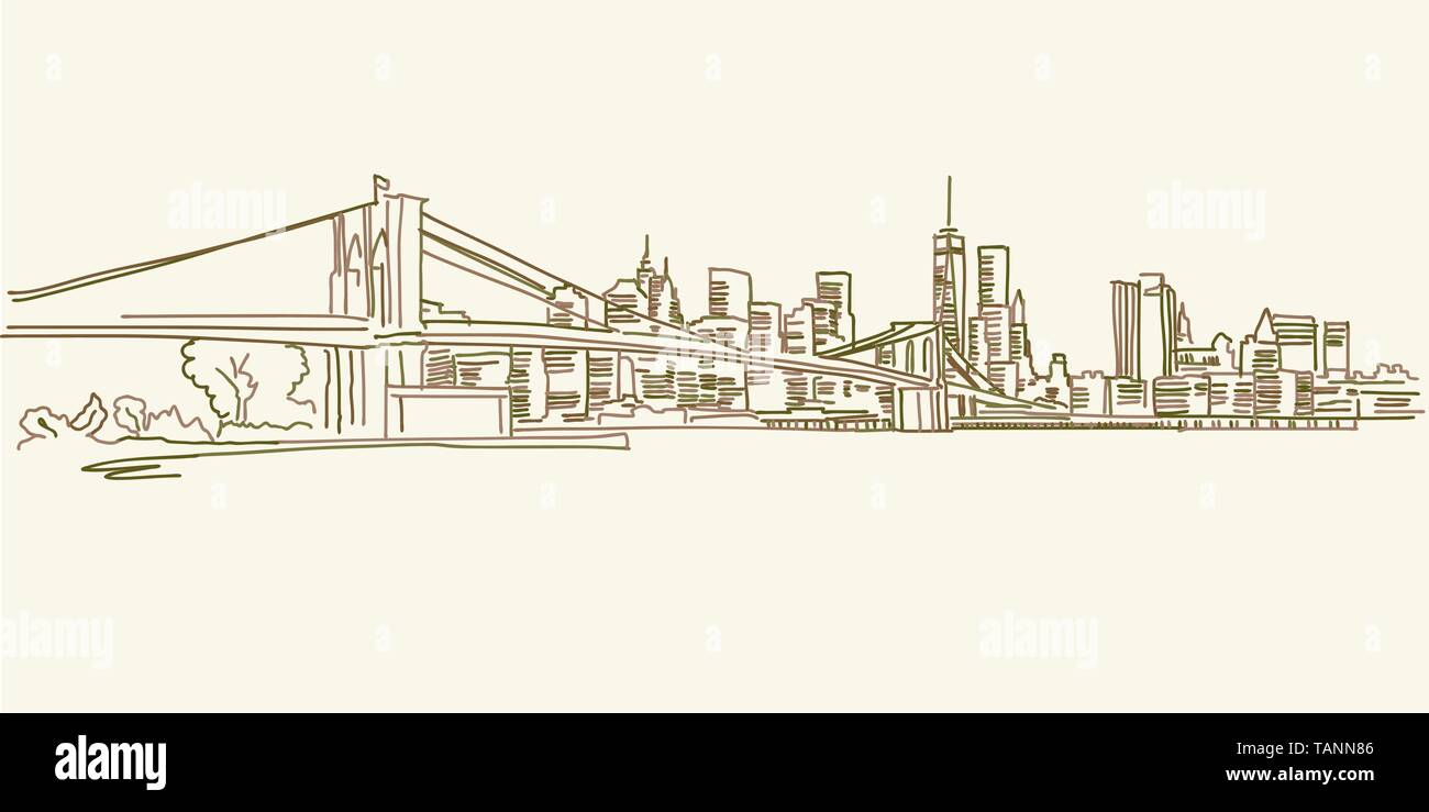 New York Skyline Dessin, Couleur brun version pour impression, des applications web ou d'artifices Illustration de Vecteur