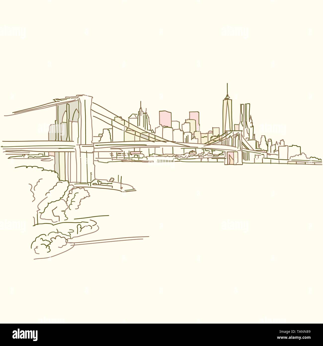 New York Brooklyn Bridge Dessin, Couleur brun version pour impression, des applications web ou d'artifices Illustration de Vecteur