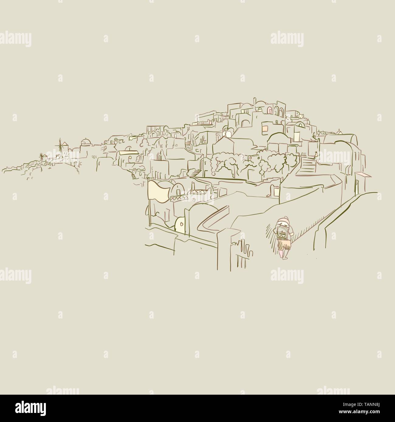 Oia Grèce Dessin, Couleur brun version pour impression, des applications web ou d'artifices Illustration de Vecteur