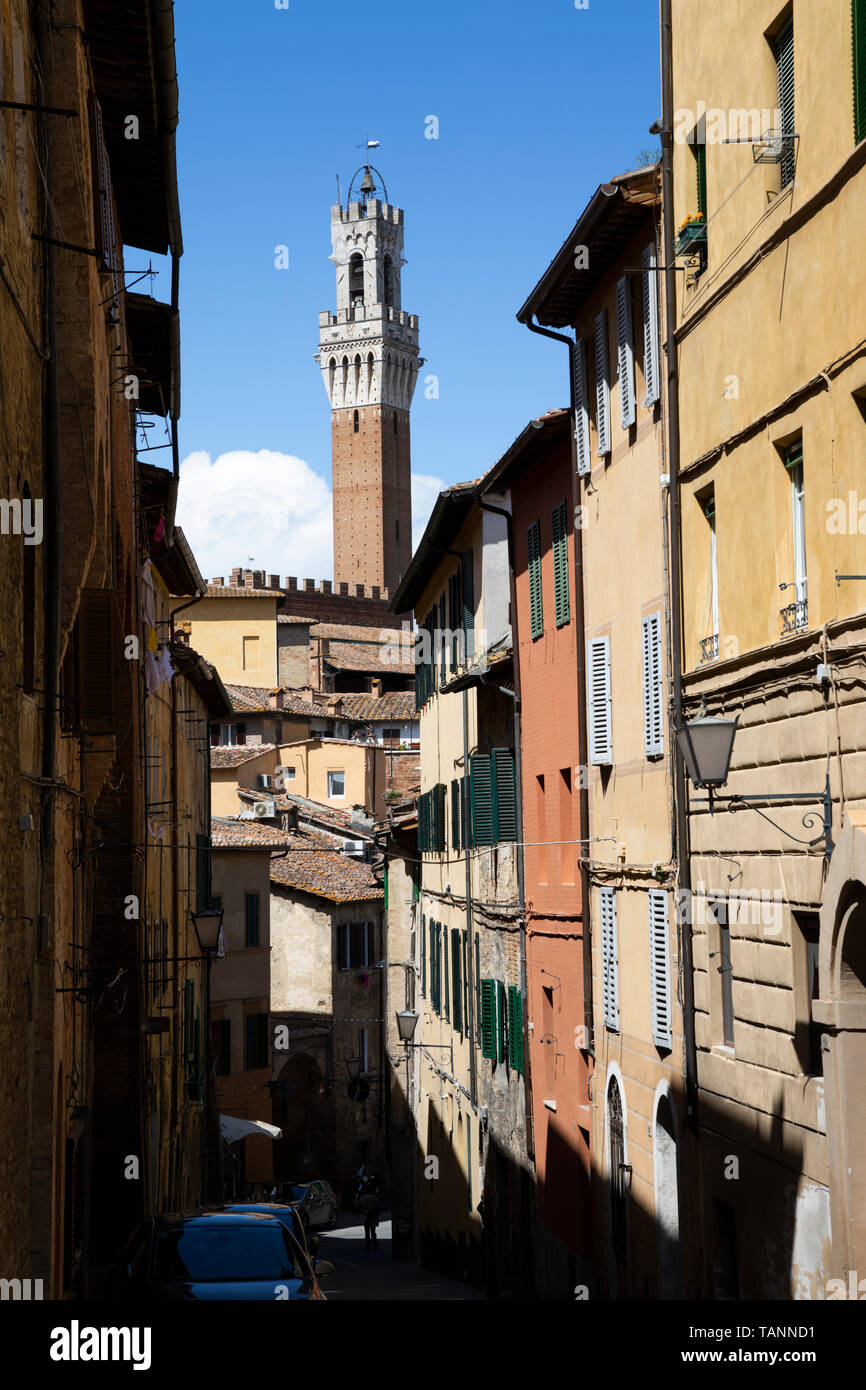 Pubblico Palace tower vue de la ruelle étroite, Sienne, Province de Sienne, Toscane, Italie, Europe Banque D'Images