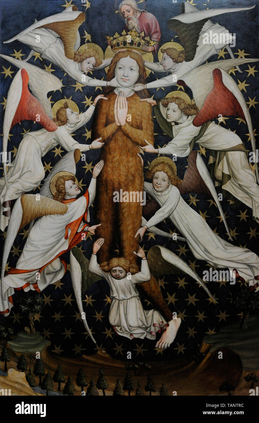 Diptyque de Winterfeld Famille, ca. 1430-1435. Détail de la fenêtre de droite. Marie Madeleine soulevées par des anges (à droite). À partir de l'église Notre Dame, Gdansk (Pologne). Musée national. Varsovie. La Pologne. Banque D'Images