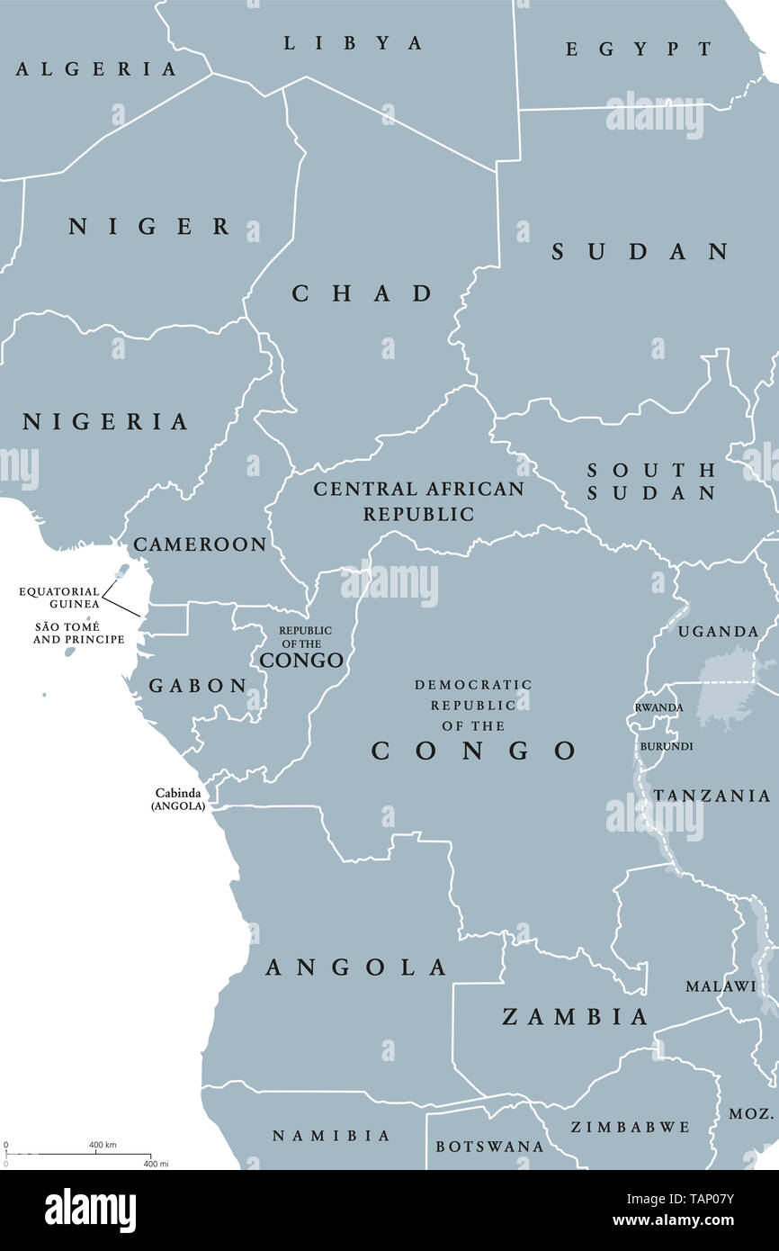 L'Afrique centrale, une carte politique. Salon avec des bordures. Région centrale du continent africain, aussi appelé l'Afrique centrale. Gris illustration. Banque D'Images
