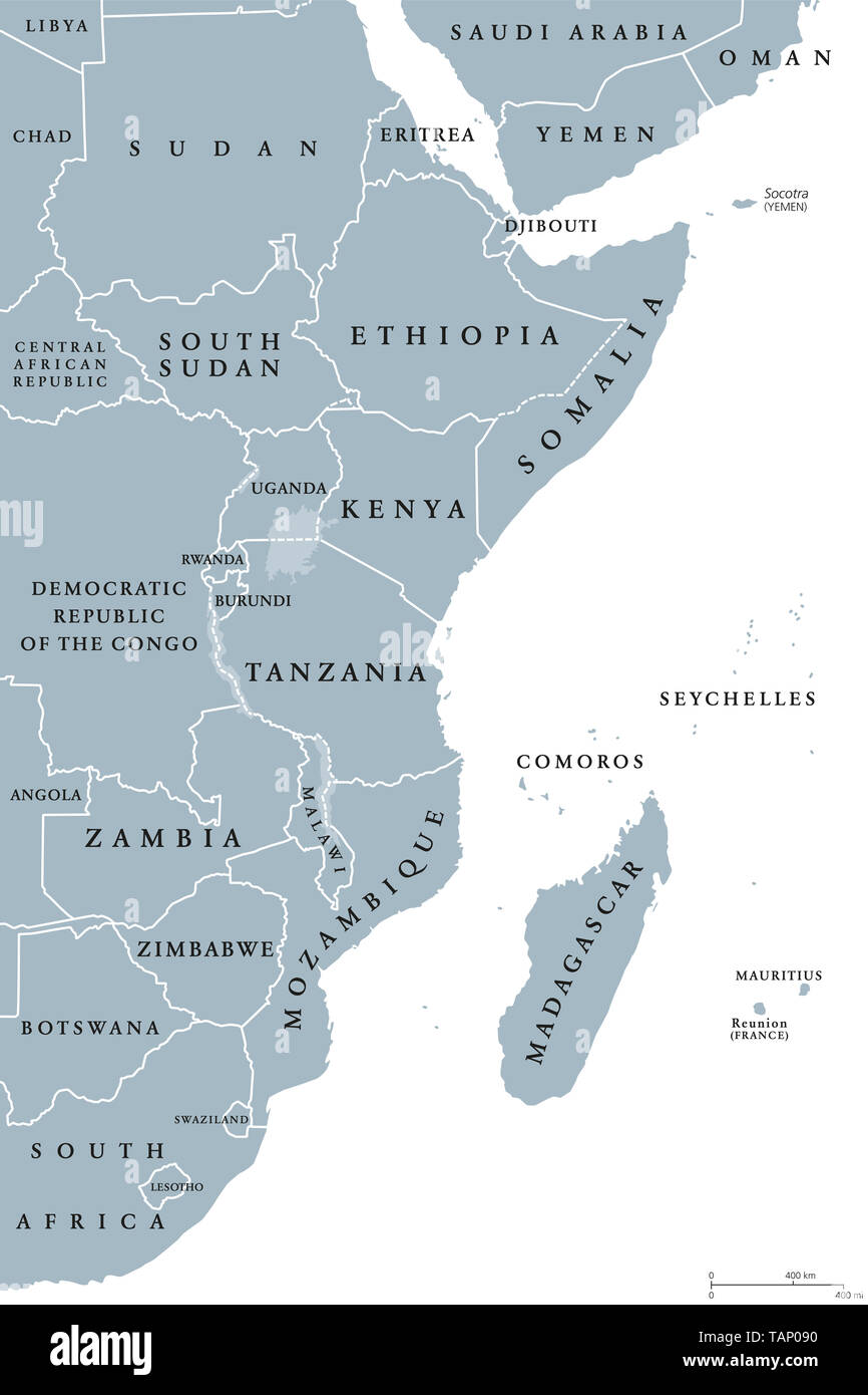 Région d'Afrique de l'Est, une carte politique. Salon avec des bordures. Région de l'Est du continent africain, aussi appelé l'Afrique de l'Est. Gris illustration. Banque D'Images