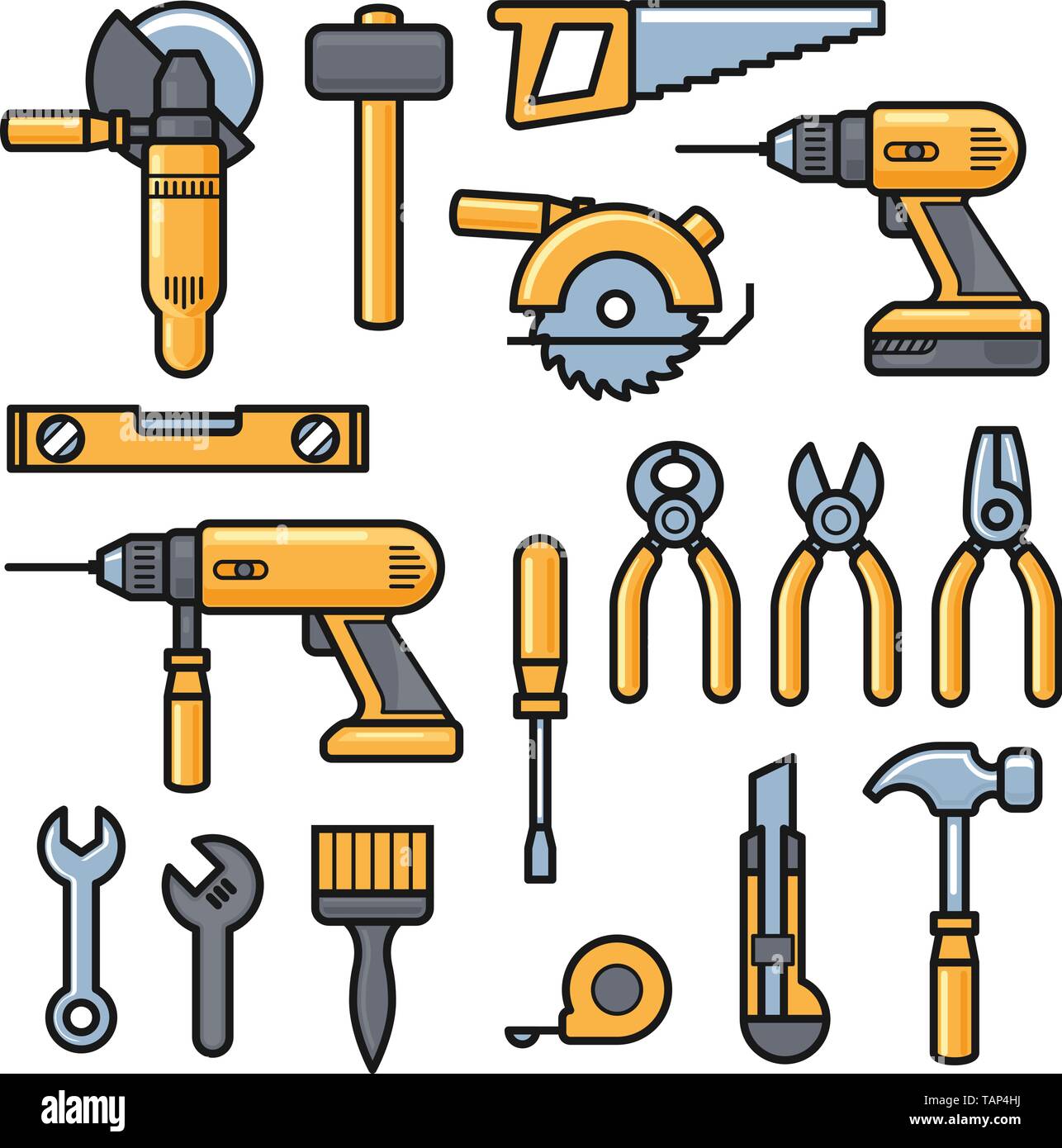 Bâtiment et outils de réparation d'outils de construction, d'icônes - kit  perceuse, marteau, tournevis, scie, fichier, couteau à mastic, règle,  casque, rouleau, pinceau, boîte à outils Image Vectorielle Stock - Alamy