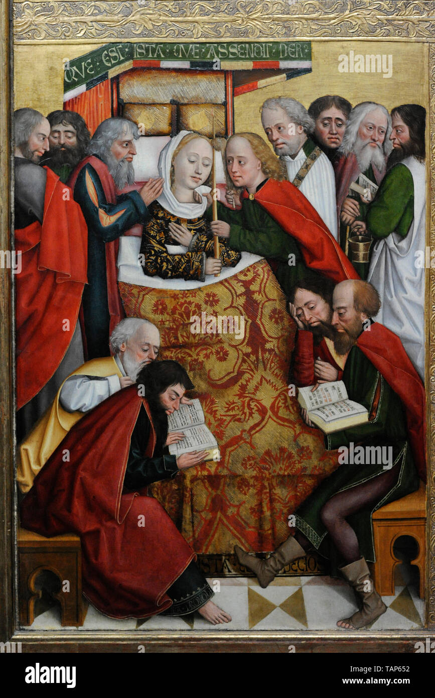Absolon Stumme (actif à Hambourg (1486-1499). Scènes de la vie de la Vierge et l'enfance de Jésus. Ailes du retable de la cathédrale de Hambourg, 1499. Détail montrant la mort de la Vierge. Du gothique tardif. Musée national. Varsovie. La Pologne. Banque D'Images