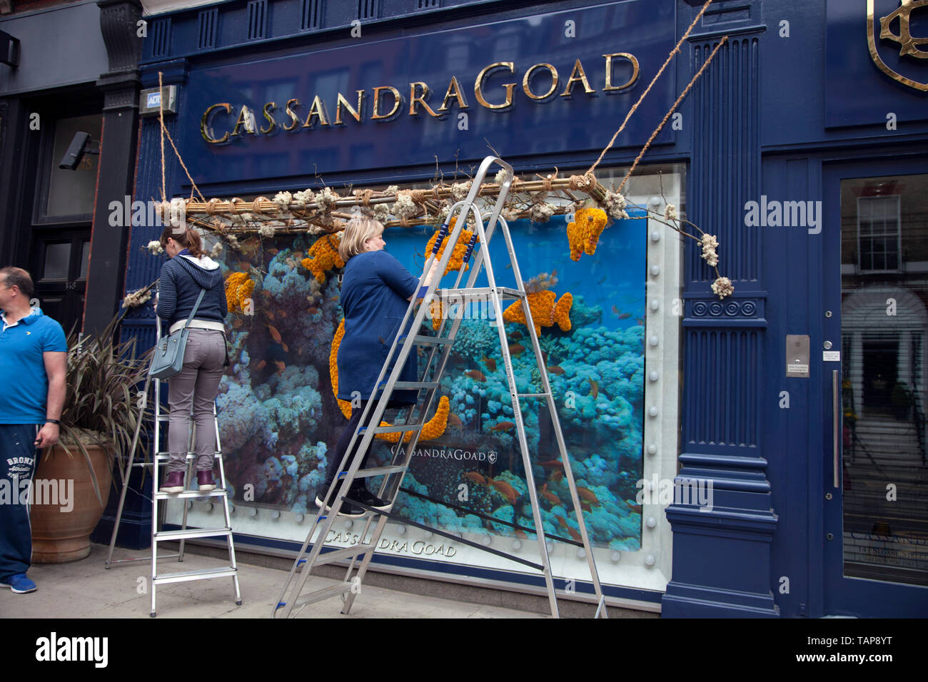 La préparation pour Cassandra Goad's affichage floral, Sloane Street, Chelsea, Londres SW3 Banque D'Images